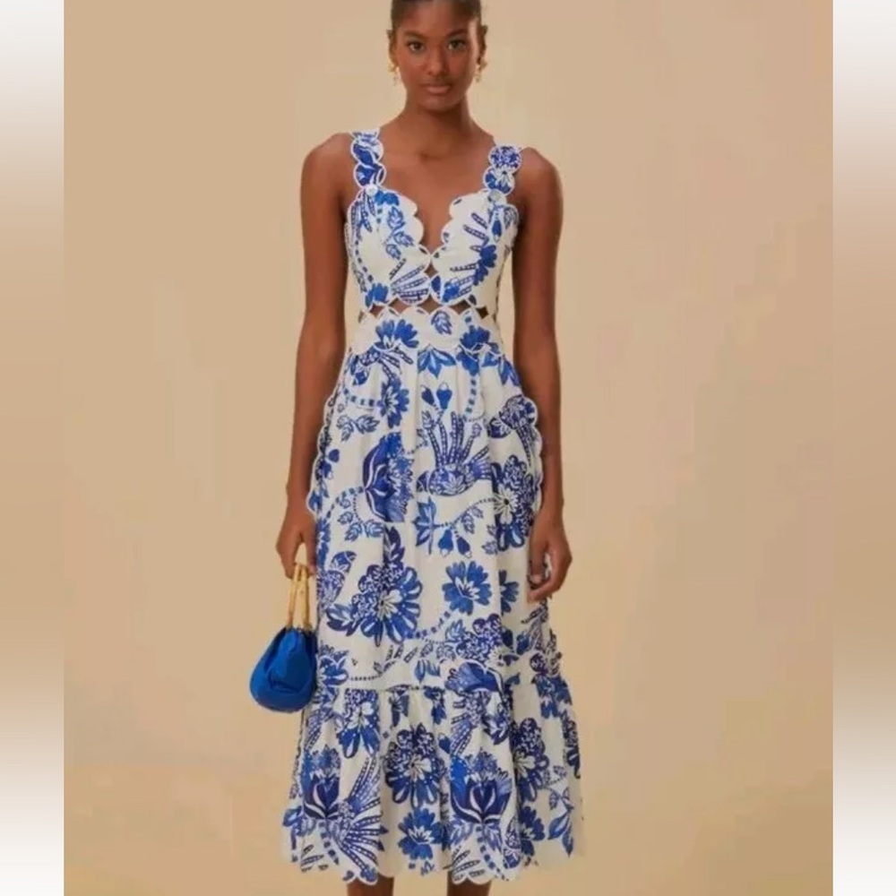***ISO Farm Rio Flowerful Birds Dress in Blue and White